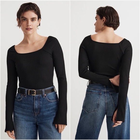 Madewell Top Ribbed Square-Neck Long-Sleeve Tee True Black M NWT New - Picture 1 of 12